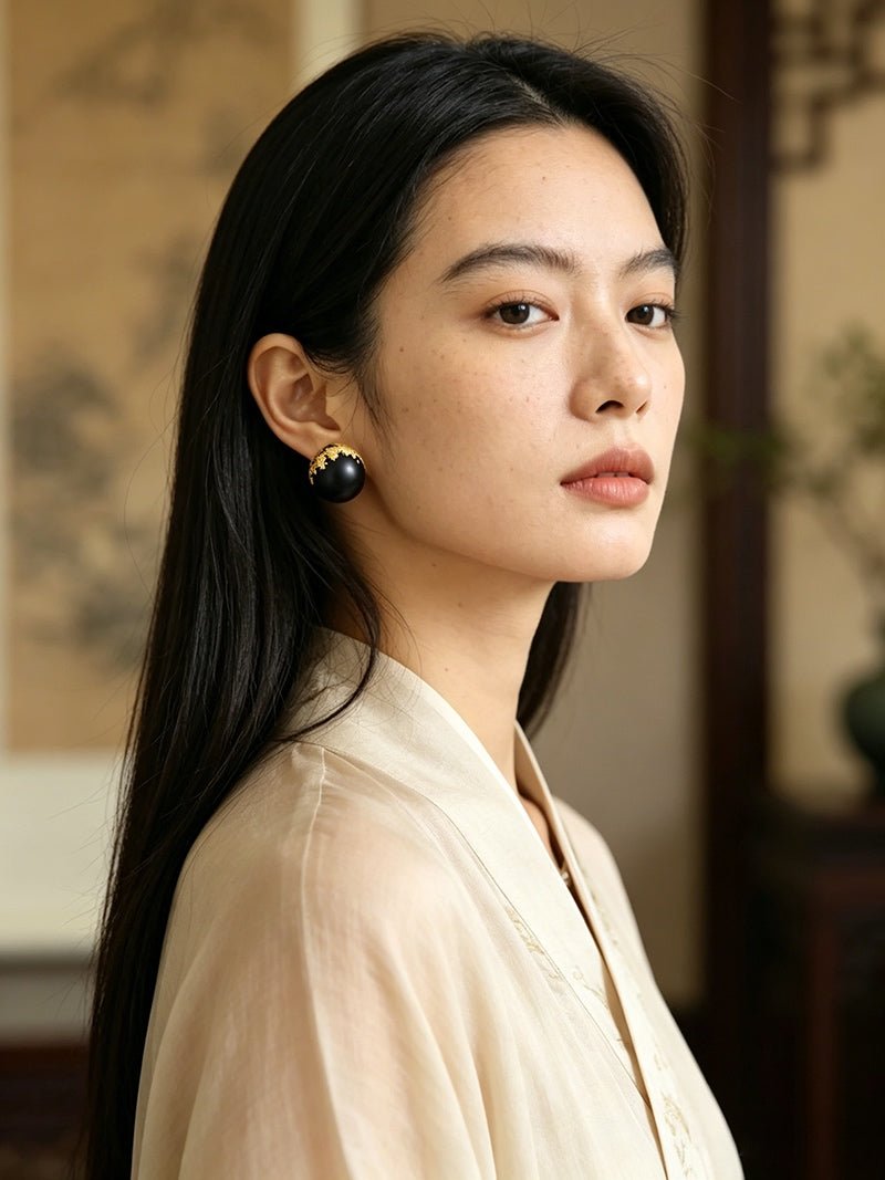 Black Sandalwood Gold Foil Ball Stud Earrings - floysun