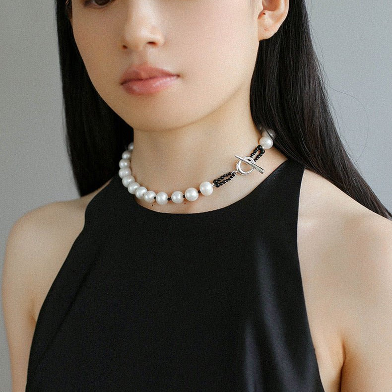 Black Spinel and Round Baroque Pearl OT Weaving Choker - floysun