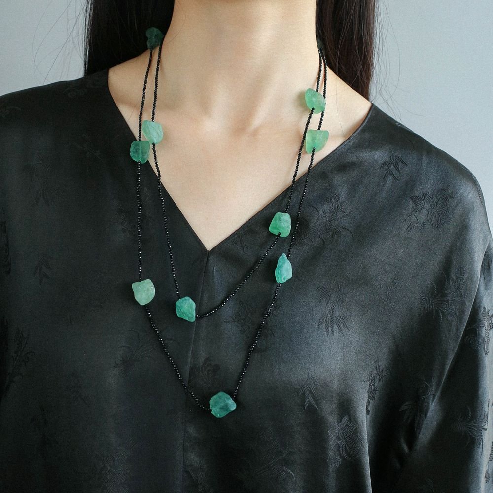 Black Spinel Green Fluorite Long Necklace - floysun