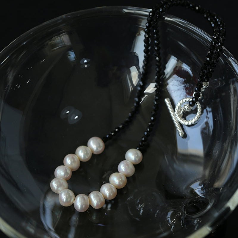 Black Spinel Smile Pearl Beaded Necklace - floysun