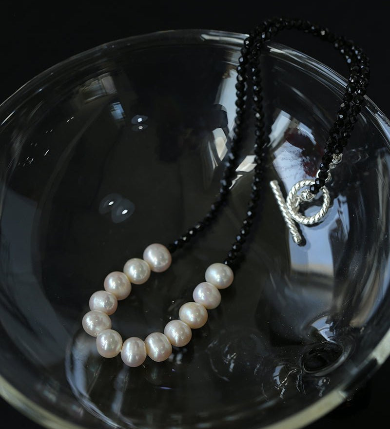Black Spinel Smile Pearl Beaded Necklace - floysun
