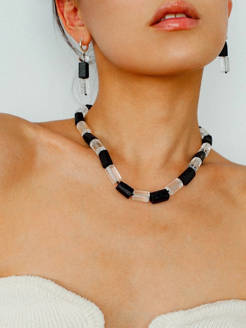 Black Tourmaline & White Crystal Necklace with Matching Earrings - floysun