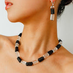 Black Tourmaline & White Crystal Necklace with Matching Earrings - floysun