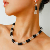 Black Tourmaline & White Crystal Necklace with Matching Earrings - floysun