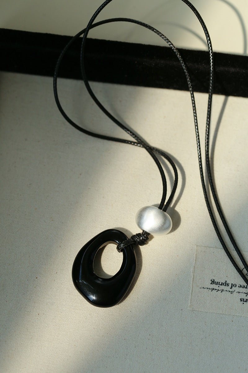 Black Wax Cord Irregular Black Onyx Hollow Pendant Necklace - floysun
