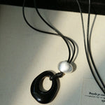 Black Wax Cord Irregular Black Onyx Hollow Pendant Necklace - floysun