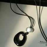 Black Wax Cord Irregular Black Onyx Hollow Pendant Necklace - floysun