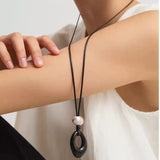 Black Wax Cord Irregular Black Onyx Hollow Pendant Necklace - floysun