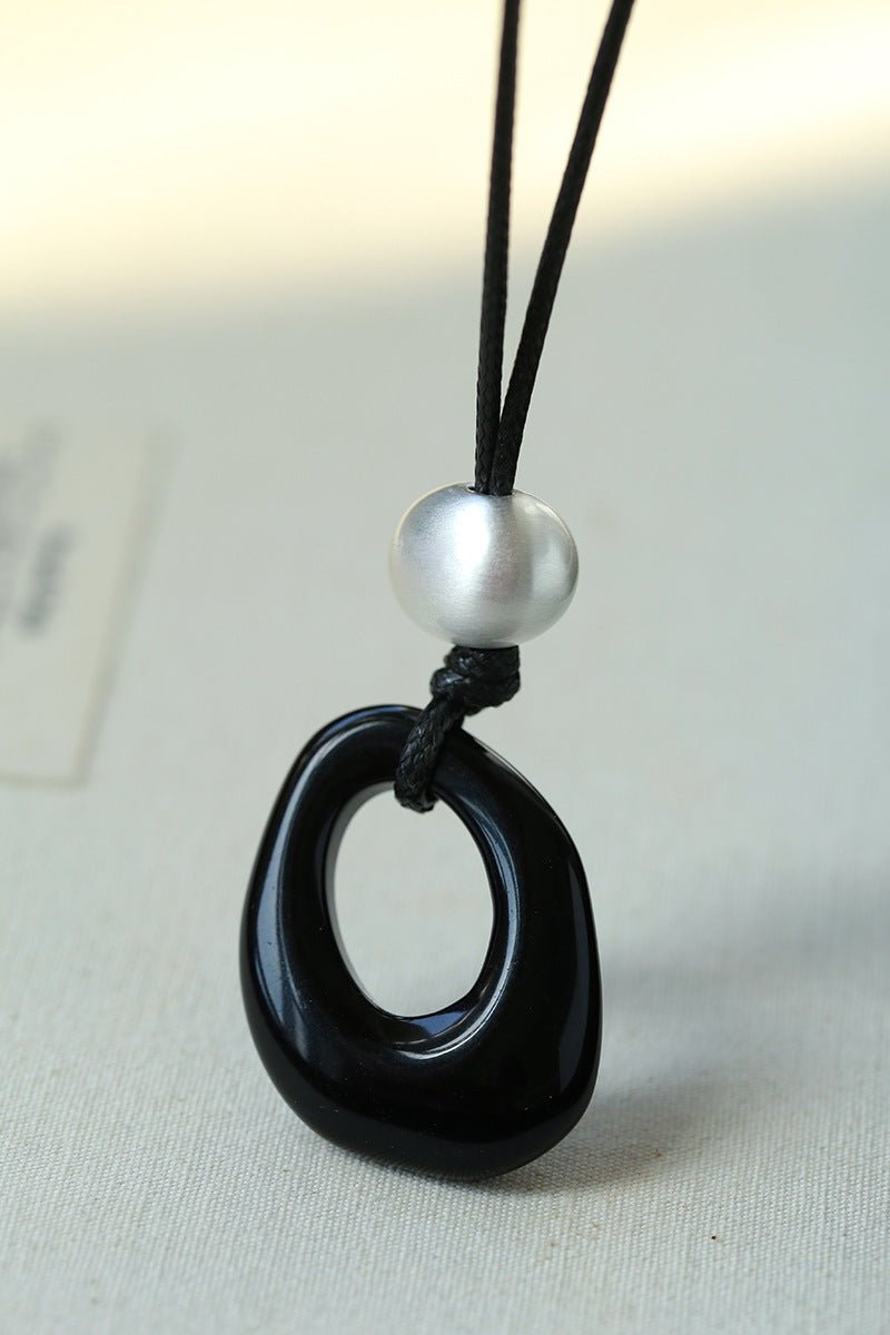 Black Wax Cord Irregular Black Onyx Hollow Pendant Necklace - floysun