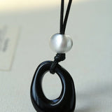 Black Wax Cord Irregular Black Onyx Hollow Pendant Necklace - floysun