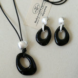 Black Wax Cord Irregular Black Onyx Hollow Pendant Necklace - floysun