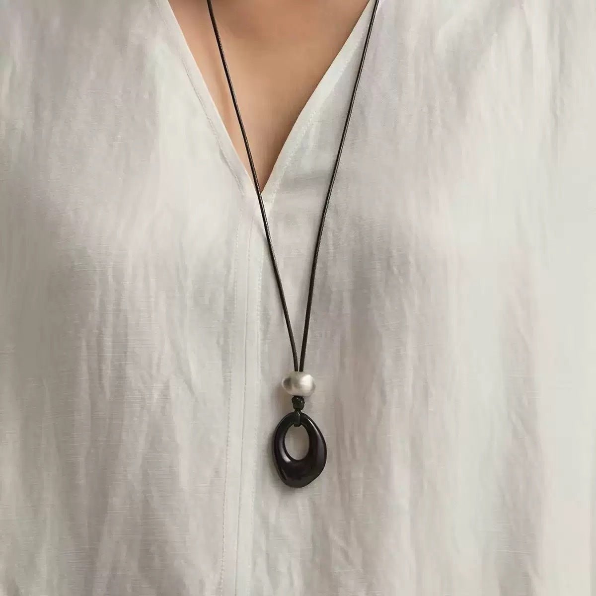 Black Wax Cord Irregular Black Onyx Hollow Pendant Necklace - floysun