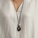 Black Wax Cord Irregular Black Onyx Hollow Pendant Necklace - floysun