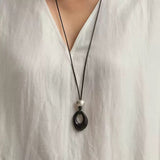 Black Wax Cord Irregular Black Onyx Hollow Pendant Necklace - floysun