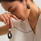 Black Wax Cord Irregular Black Onyx Hollow Pendant Necklace - floysun