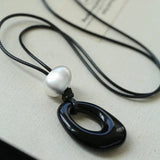 Black Wax Cord Irregular Black Onyx Hollow Pendant Necklace - floysun