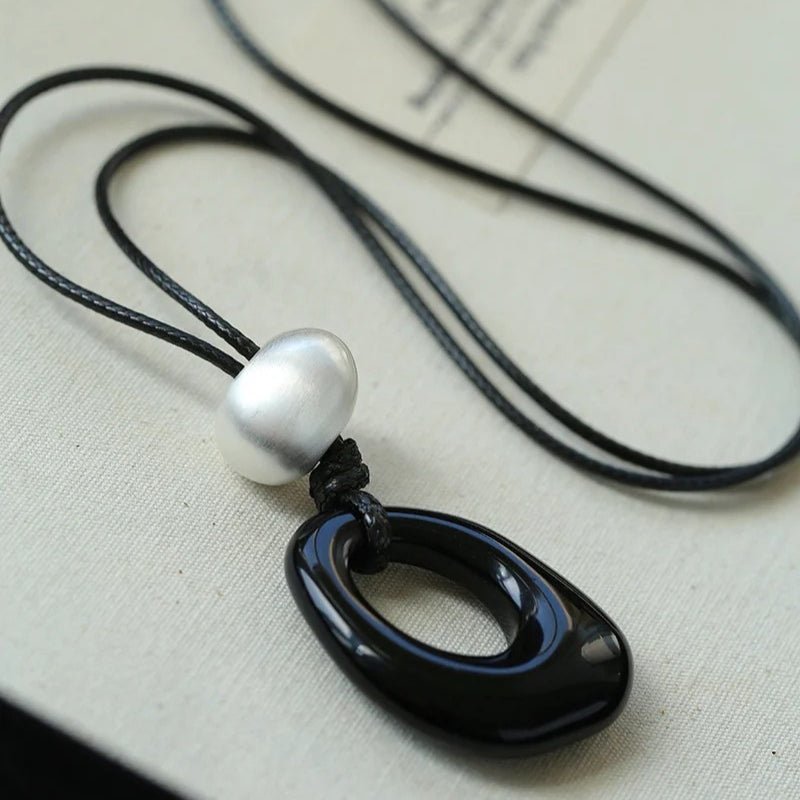 Black Wax Cord Irregular Black Onyx Hollow Pendant Necklace - floysun