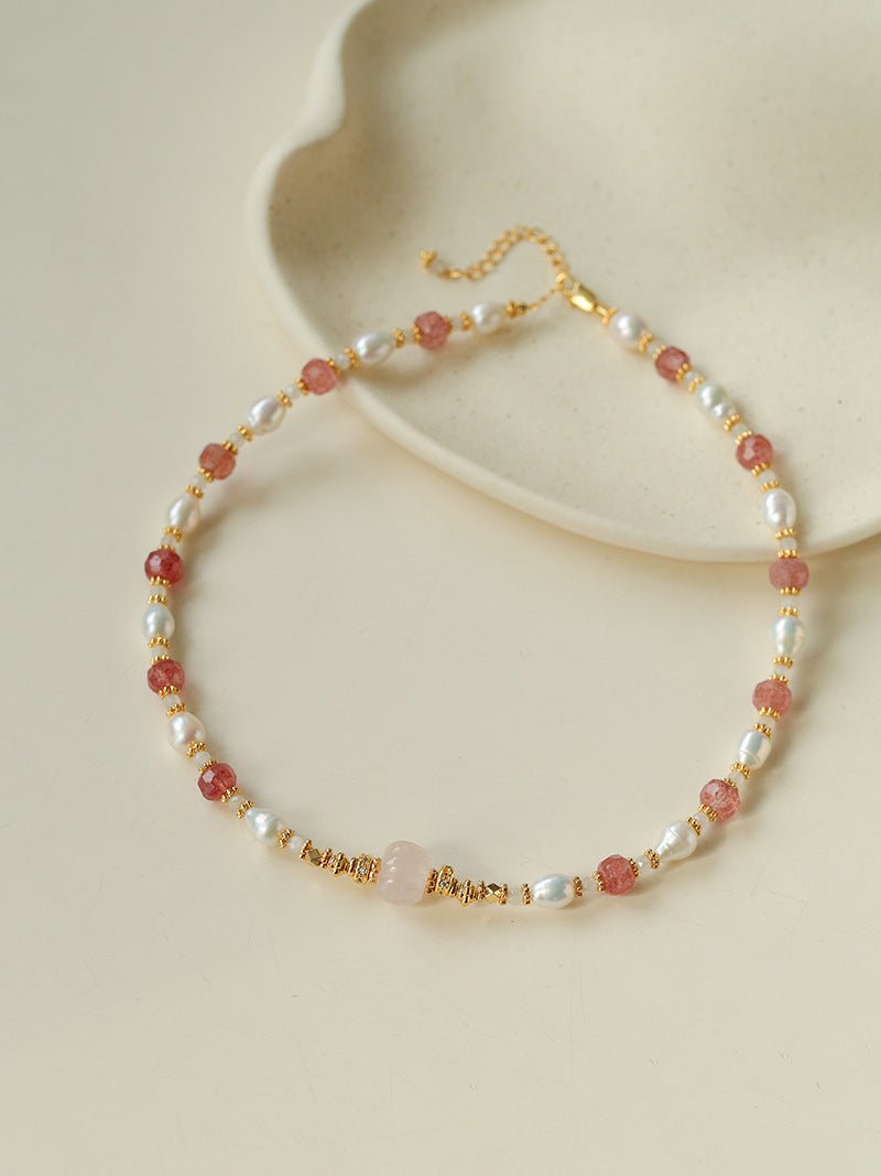 Blossom & Pearl Choker | Natural Strawberry Quartz & Freshwater Pearl Necklace - floysun