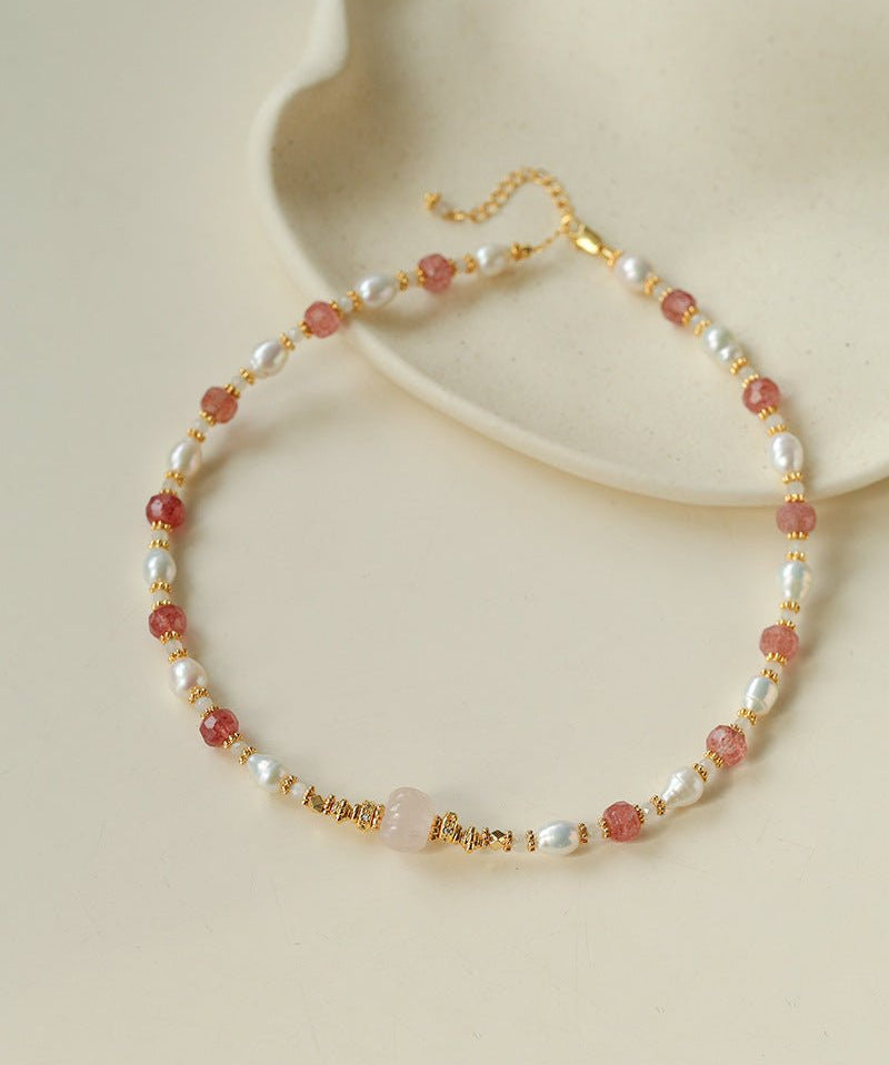 Blossom & Pearl Choker | Natural Strawberry Quartz & Freshwater Pearl Necklace - floysun