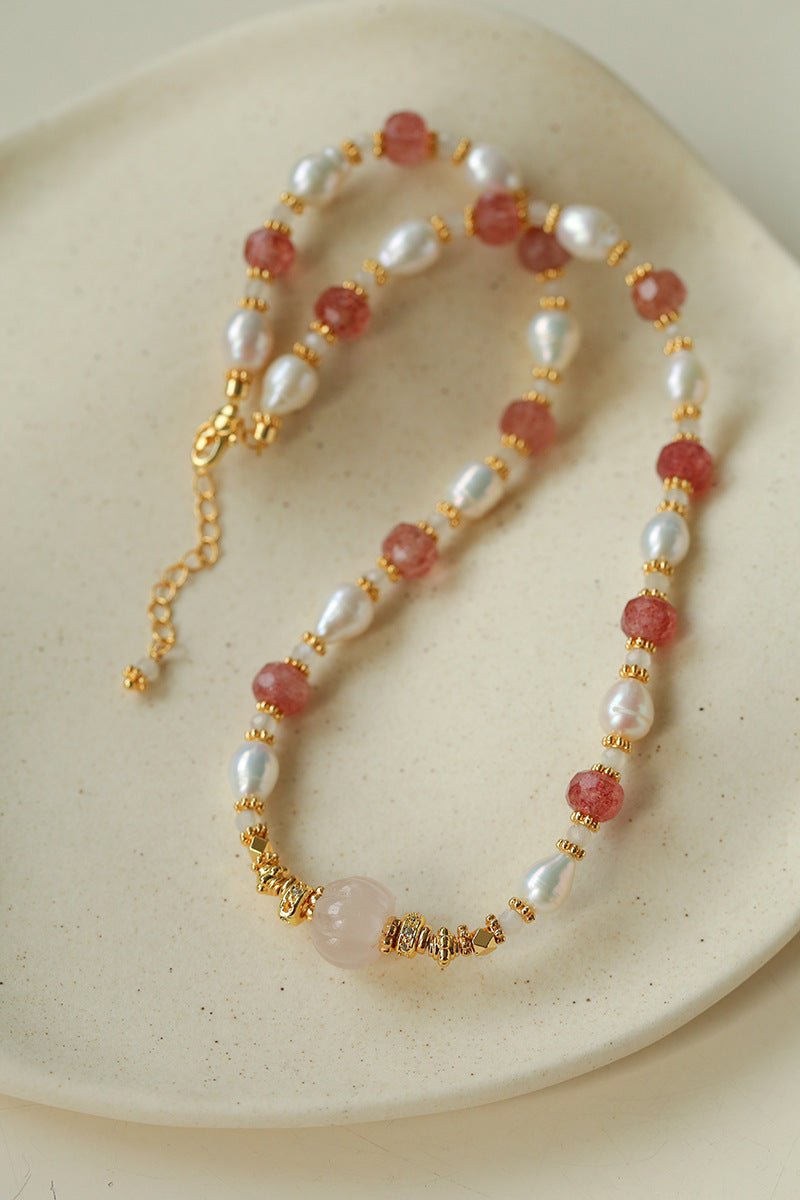 Blossom & Pearl Choker | Natural Strawberry Quartz & Freshwater Pearl Necklace - floysun