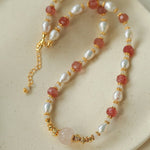Blossom & Pearl Choker | Natural Strawberry Quartz & Freshwater Pearl Necklace - floysun