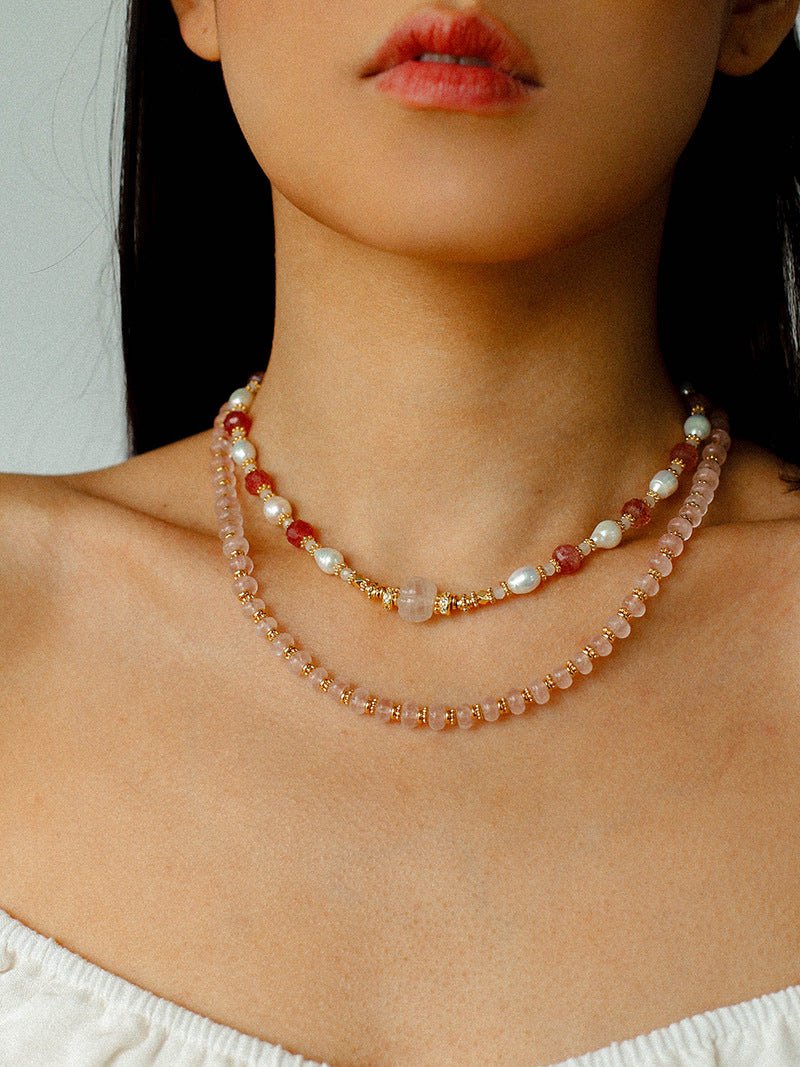 Blossom & Pearl Choker | Natural Strawberry Quartz & Freshwater Pearl Necklace - floysun