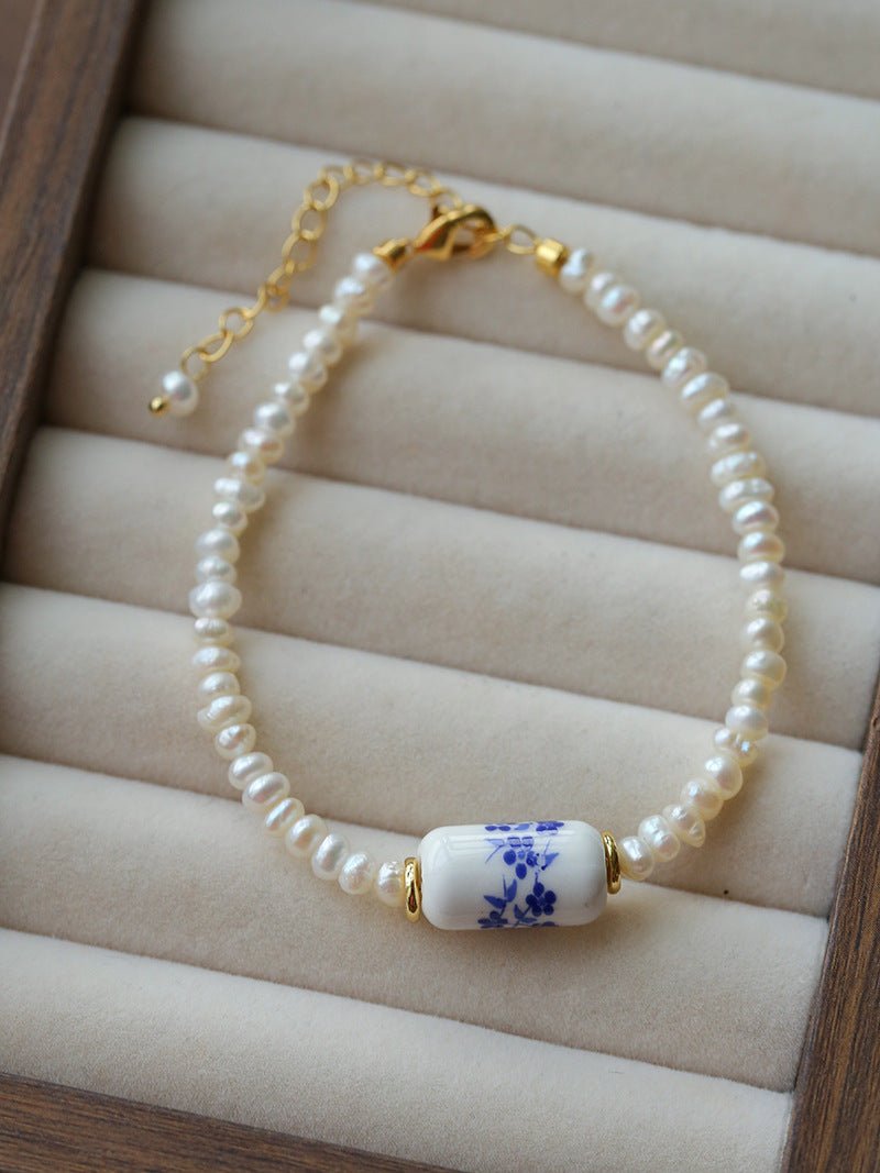 Blue and White Porcelain Freshwater Pearl Beaded Bracelet | Oriental Minimalist Luxury Jewelry - floysun