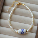 Blue and White Porcelain Freshwater Pearl Beaded Bracelet | Oriental Minimalist Luxury Jewelry - floysun