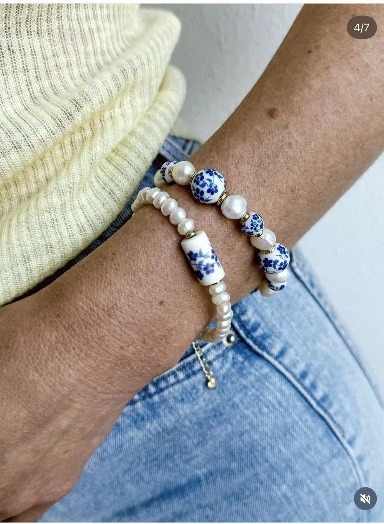 Blue and White Porcelain Freshwater Pearl Beaded Bracelet | Oriental Minimalist Luxury Jewelry - floysun