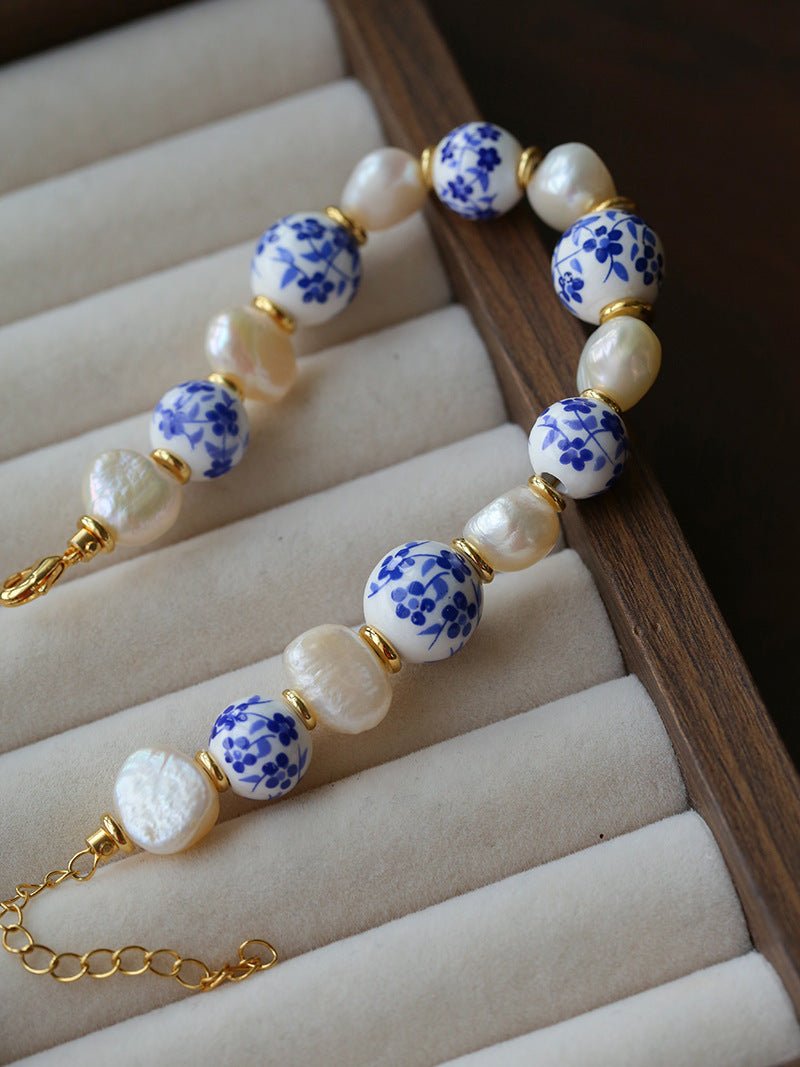 Blue and White Porcelain Freshwater Pearl Beaded Bracelet | Oriental Minimalist Luxury Jewelry - floysun