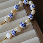 Blue and White Porcelain Freshwater Pearl Beaded Bracelet | Oriental Minimalist Luxury Jewelry - floysun