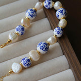 Blue and White Porcelain Freshwater Pearl Beaded Bracelet | Oriental Minimalist Luxury Jewelry - floysun