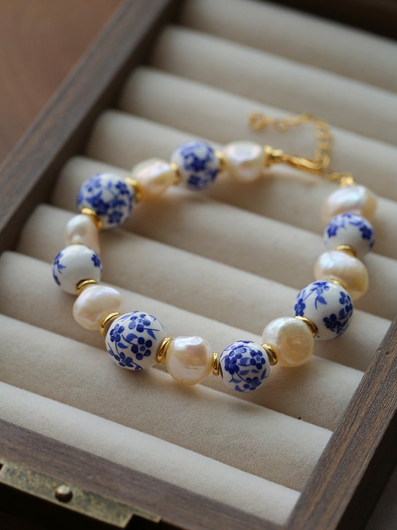 Blue and White Porcelain Freshwater Pearl Beaded Bracelet | Oriental Minimalist Luxury Jewelry - floysun