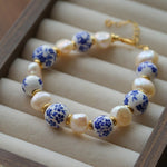 Blue and White Porcelain Freshwater Pearl Beaded Bracelet | Oriental Minimalist Luxury Jewelry - floysun