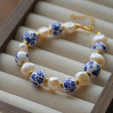 Blue and White Porcelain Freshwater Pearl Beaded Bracelet | Oriental Minimalist Luxury Jewelry - floysun