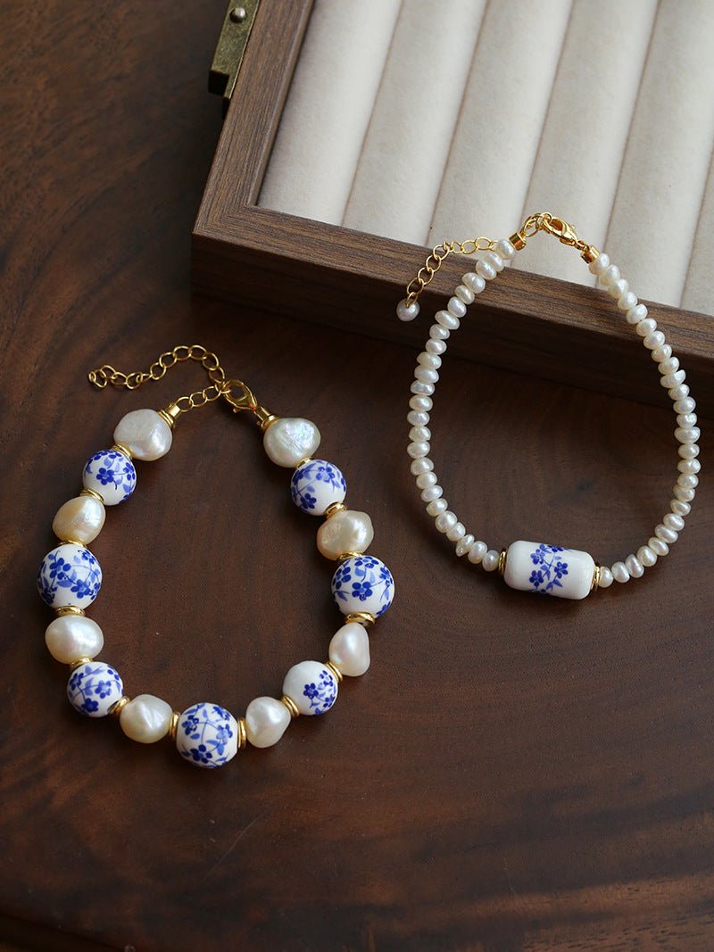 Blue and White Porcelain Freshwater Pearl Beaded Bracelet | Oriental Minimalist Luxury Jewelry - floysun