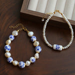 Blue and White Porcelain Freshwater Pearl Beaded Bracelet | Oriental Minimalist Luxury Jewelry - floysun