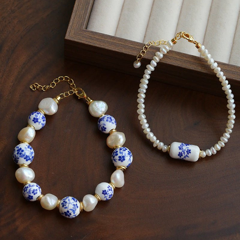 Blue and White Porcelain Freshwater Pearl Beaded Bracelet | Oriental Minimalist Luxury Jewelry - floysun
