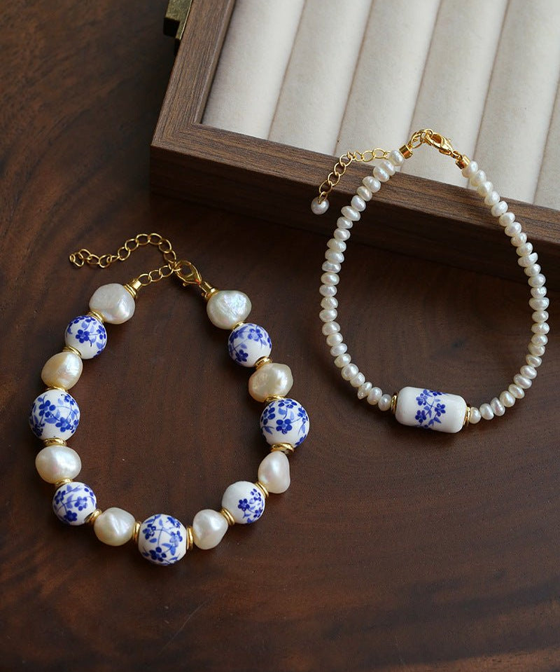 Blue and White Porcelain Freshwater Pearl Beaded Bracelet | Oriental Minimalist Luxury Jewelry - floysun