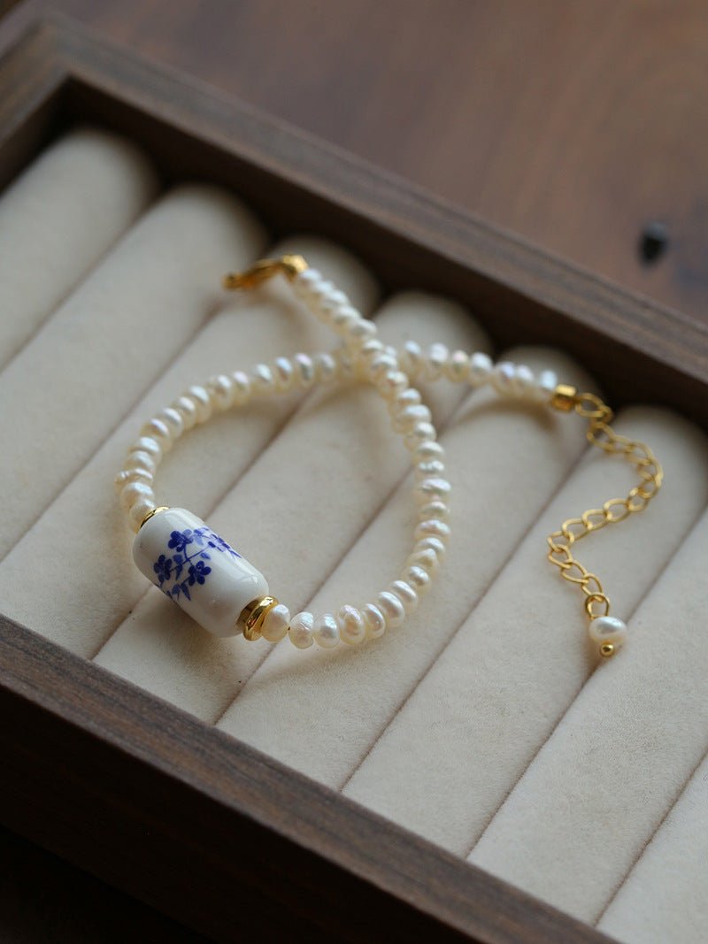 Blue and White Porcelain Freshwater Pearl Beaded Bracelet | Oriental Minimalist Luxury Jewelry - floysun