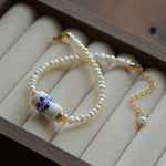 Blue and White Porcelain Freshwater Pearl Beaded Bracelet | Oriental Minimalist Luxury Jewelry - floysun