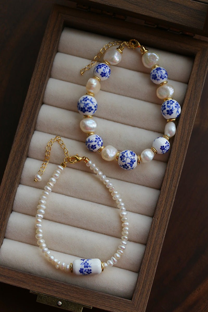 Blue and White Porcelain Freshwater Pearl Beaded Bracelet | Oriental Minimalist Luxury Jewelry - floysun