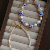 Blue and White Porcelain Freshwater Pearl Beaded Bracelet | Oriental Minimalist Luxury Jewelry - floysun