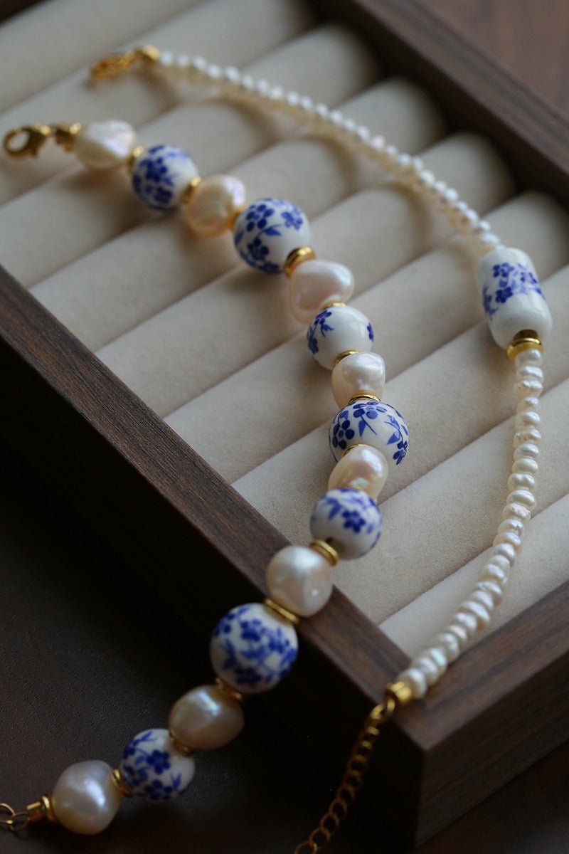 Blue and White Porcelain Freshwater Pearl Beaded Bracelet | Oriental Minimalist Luxury Jewelry - floysun
