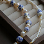 Blue and White Porcelain Freshwater Pearl Beaded Bracelet | Oriental Minimalist Luxury Jewelry - floysun