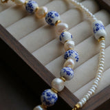 Blue and White Porcelain Freshwater Pearl Beaded Bracelet | Oriental Minimalist Luxury Jewelry - floysun
