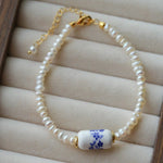 Blue and White Porcelain Freshwater Pearl Beaded Bracelet | Oriental Minimalist Luxury Jewelry - floysun