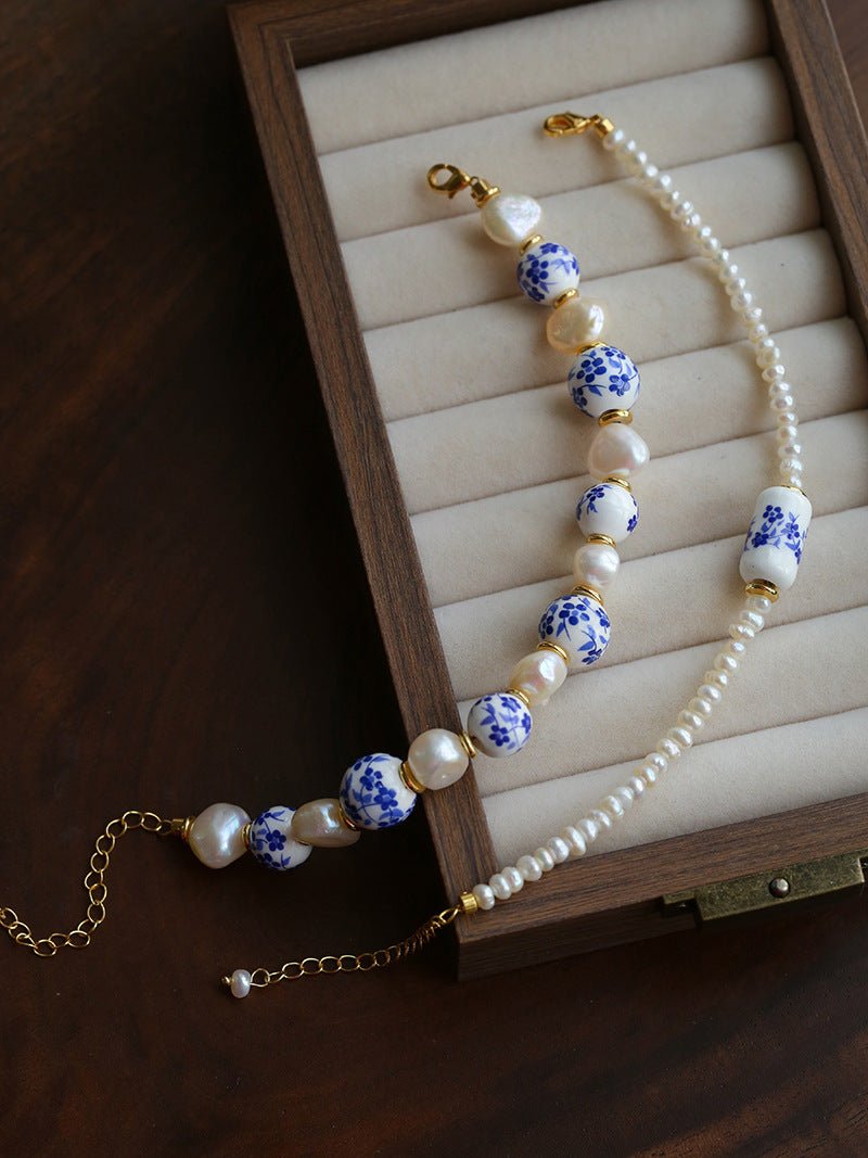 Blue and White Porcelain Freshwater Pearl Beaded Bracelet | Oriental Minimalist Luxury Jewelry - floysun