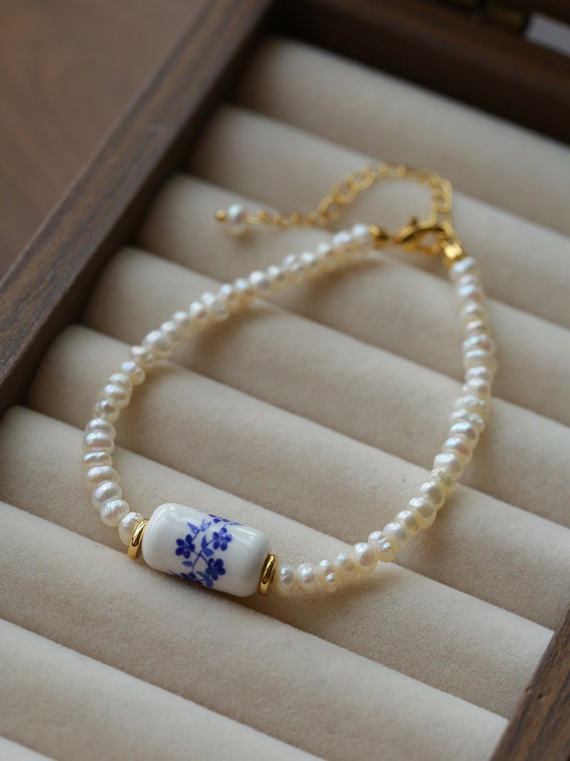 Blue and White Porcelain Freshwater Pearl Beaded Bracelet | Oriental Minimalist Luxury Jewelry - floysun