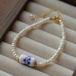 Blue and White Porcelain Freshwater Pearl Beaded Bracelet | Oriental Minimalist Luxury Jewelry - floysun